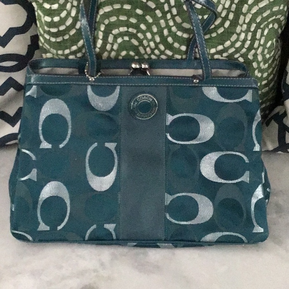 Teal signature cloth coach bag and coach wallet